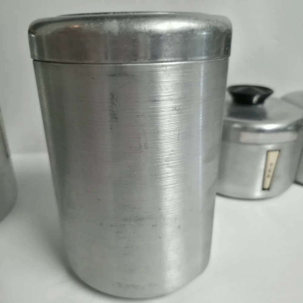 Vintage Kromex Aluminum Canister Set 4pc Flour Sugar Coffee Tea 1950s MCM Retro